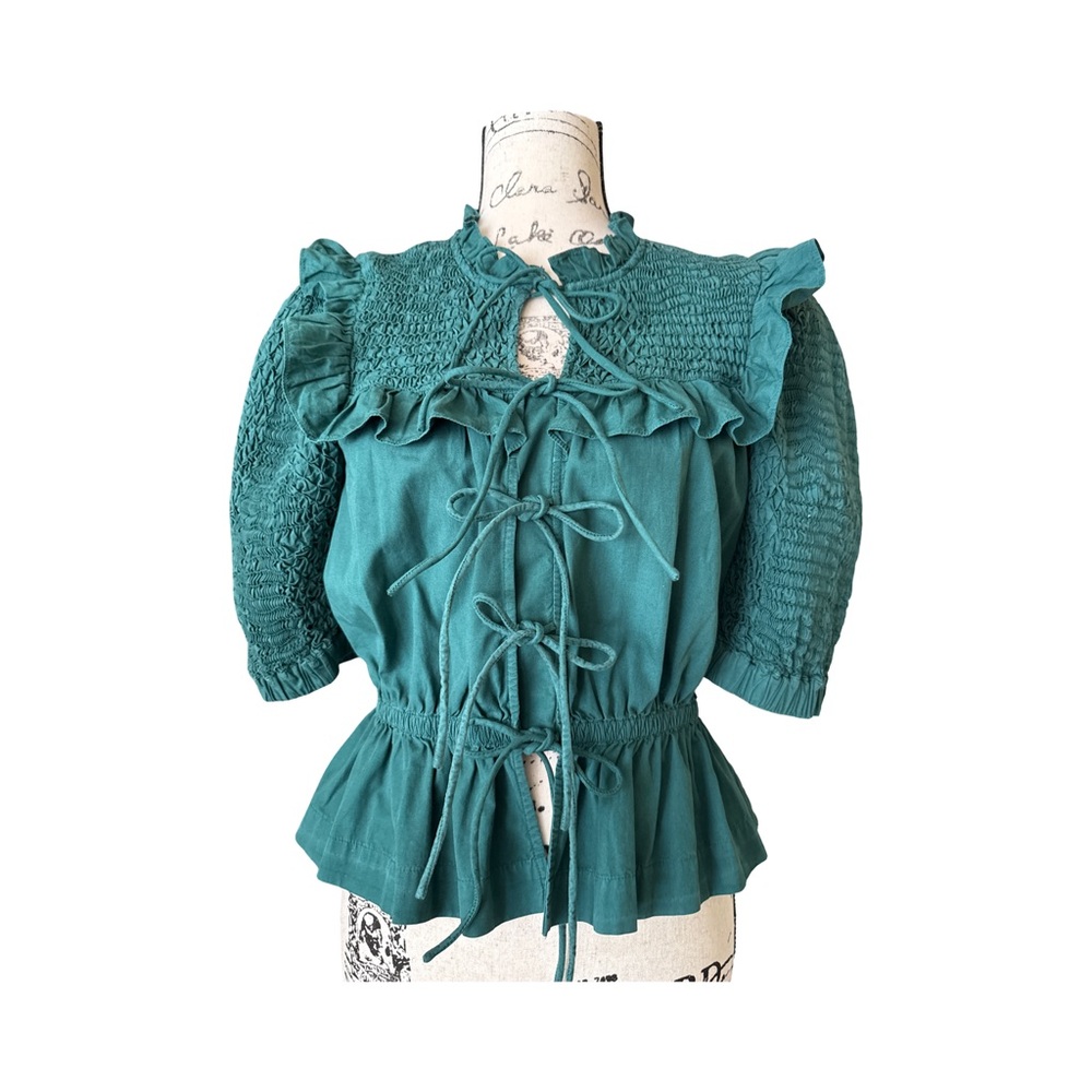 Sea Teal Smocked Ruffle Blouse